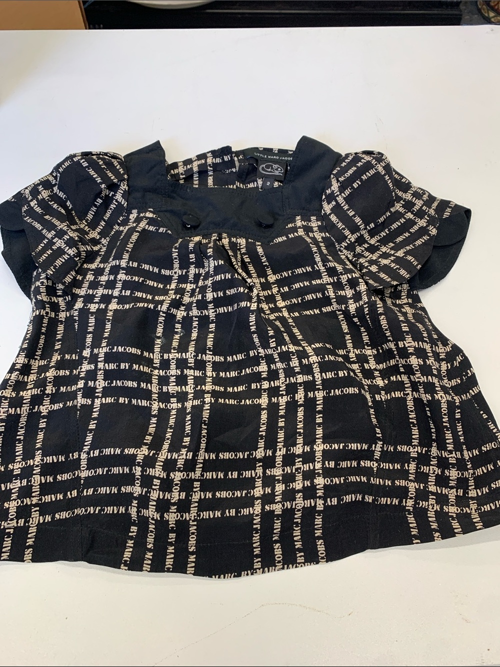 Marc Jacobs Black and Beige Logo Plaid Puff Sleeve Top